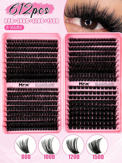 MEM 640/300Pcs D-Curl Lash Clusters, Durable High-Capacity Beginner DIY Eyelash Set, Easy Home Grafting For Charming Big Eye Makeup, Portable For Daily & Travel Use, Perfect For Wedding, Date, Party