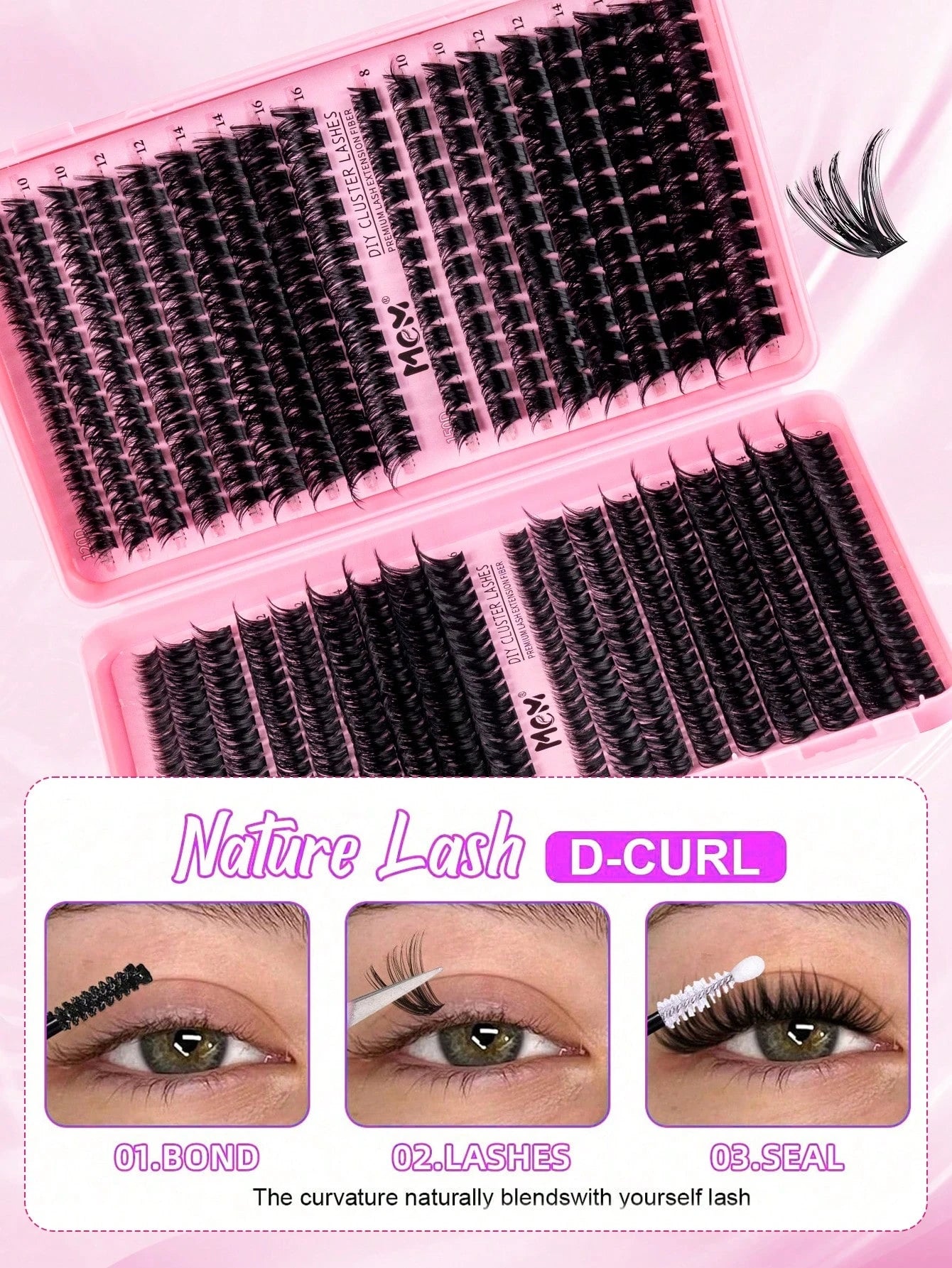 MEM 640/300Pcs D-Curl Lash Clusters, Durable High-Capacity Beginner DIY Eyelash Set, Easy Home Grafting For Charming Big Eye Makeup, Portable For Daily & Travel Use, Perfect For Wedding, Date, Party