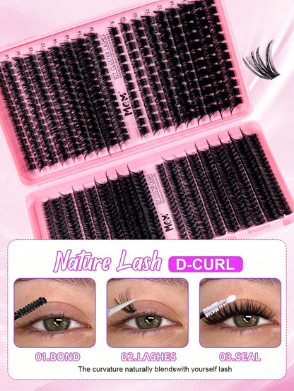 MEM 640/300Pcs D-Curl Lash Clusters, Durable High-Capacity Beginner DIY Eyelash Set, Easy Home Grafting For Charming Big Eye Makeup, Portable For Daily & Travel Use, Perfect For Wedding, Date, Party