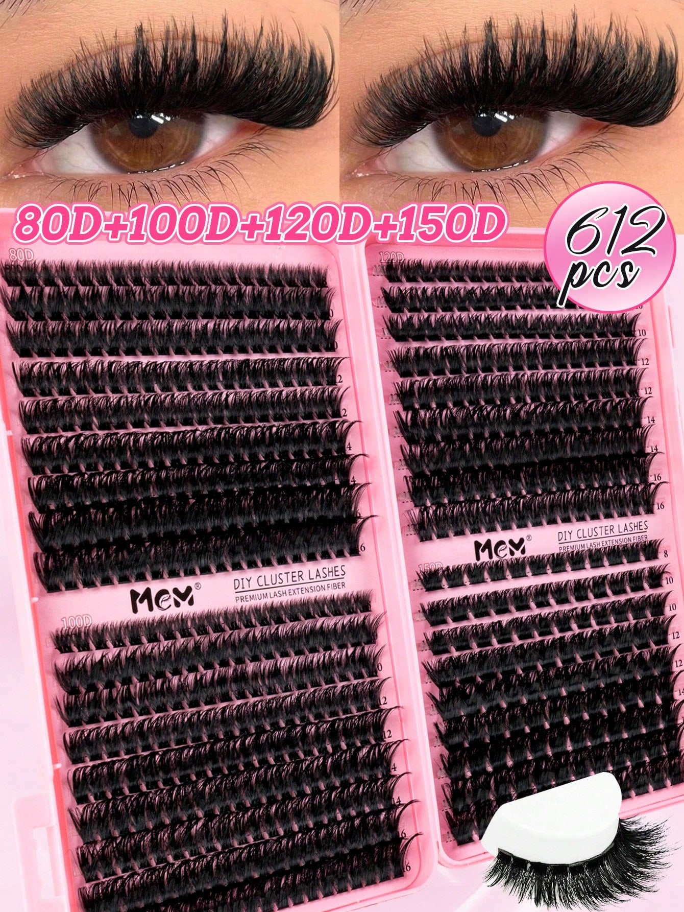MEM 640/300Pcs D-Curl Lash Clusters, Durable High-Capacity Beginner DIY Eyelash Set, Easy Home Grafting For Charming Big Eye Makeup, Portable For Daily & Travel Use, Perfect For Wedding, Date, Party
