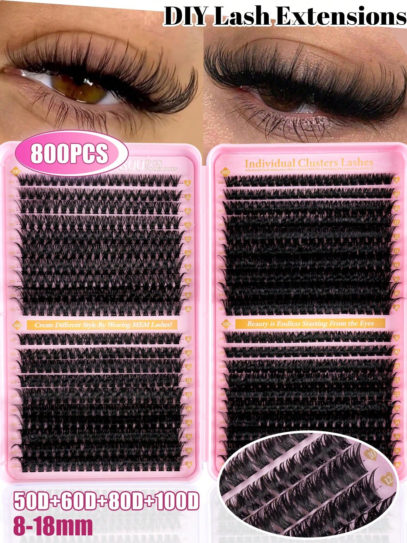 MEM 640/300Pcs D-Curl Lash Clusters, Durable High-Capacity Beginner DIY Eyelash Set, Easy Home Grafting For Charming Big Eye Makeup, Portable For Daily & Travel Use, Perfect For Wedding, Date, Party