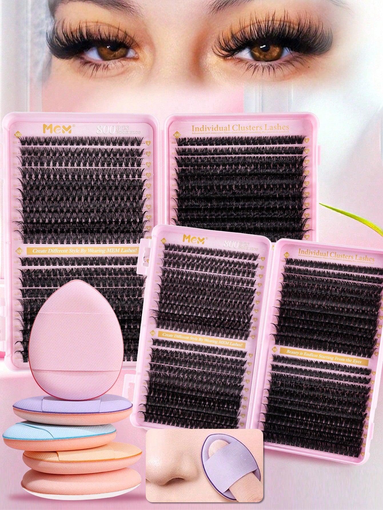 MEM 640/300Pcs D-Curl Lash Clusters, Durable High-Capacity Beginner DIY Eyelash Set, Easy Home Grafting For Charming Big Eye Makeup, Portable For Daily & Travel Use, Perfect For Wedding, Date, Party