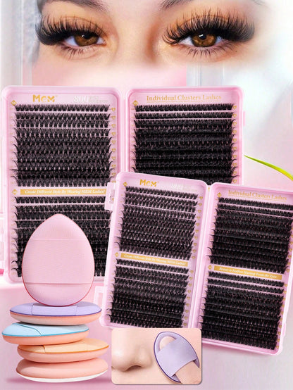 MEM 640/300Pcs D-Curl Lash Clusters, Durable High-Capacity Beginner DIY Eyelash Set, Easy Home Grafting For Charming Big Eye Makeup, Portable For Daily & Travel Use, Perfect For Wedding, Date, Party