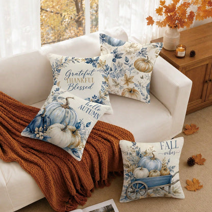 MEMNUN 4pcs Autumn Blue & White Gradient Pumpkin Ribbon Bow Wooden Cart Hello Autumn Text Print Pattern Pillow Covers [No Pillow Insert], 40*40cm/45*45cm/50*50cm, [Single-Sided Print] Made Of Polyeste