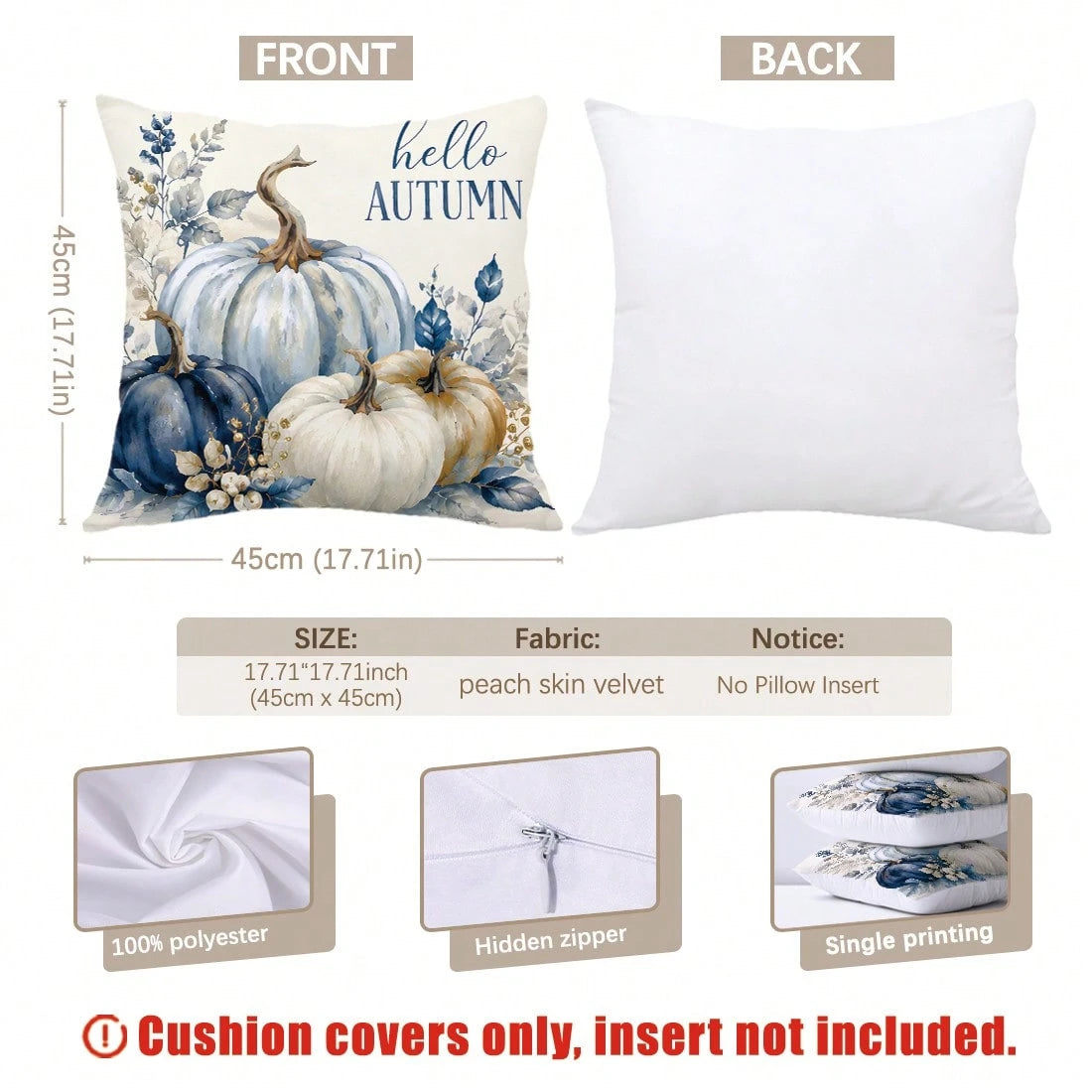 MEMNUN 4pcs Autumn Blue & White Gradient Pumpkin Ribbon Bow Wooden Cart Hello Autumn Text Print Pattern Pillow Covers [No Pillow Insert], 40*40cm/45*45cm/50*50cm, [Single-Sided Print] Made Of Polyeste
