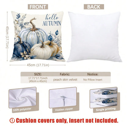 MEMNUN 4pcs Autumn Blue & White Gradient Pumpkin Ribbon Bow Wooden Cart Hello Autumn Text Print Pattern Pillow Covers [No Pillow Insert], 40*40cm/45*45cm/50*50cm, [Single-Sided Print] Made Of Polyeste