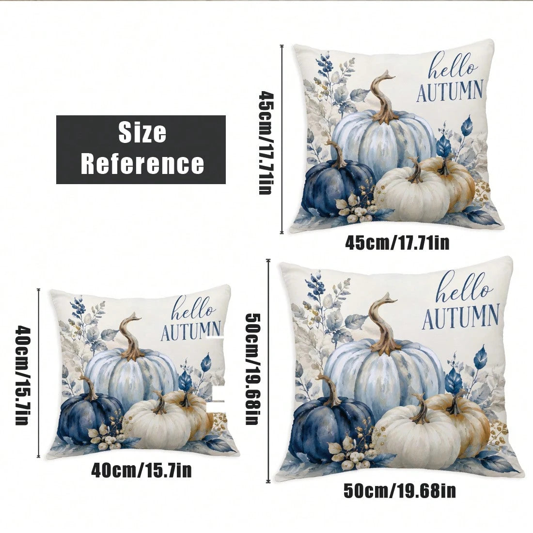 MEMNUN 4pcs Autumn Blue & White Gradient Pumpkin Ribbon Bow Wooden Cart Hello Autumn Text Print Pattern Pillow Covers [No Pillow Insert], 40*40cm/45*45cm/50*50cm, [Single-Sided Print] Made Of Polyeste