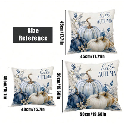 MEMNUN 4pcs Autumn Blue & White Gradient Pumpkin Ribbon Bow Wooden Cart Hello Autumn Text Print Pattern Pillow Covers [No Pillow Insert], 40*40cm/45*45cm/50*50cm, [Single-Sided Print] Made Of Polyeste