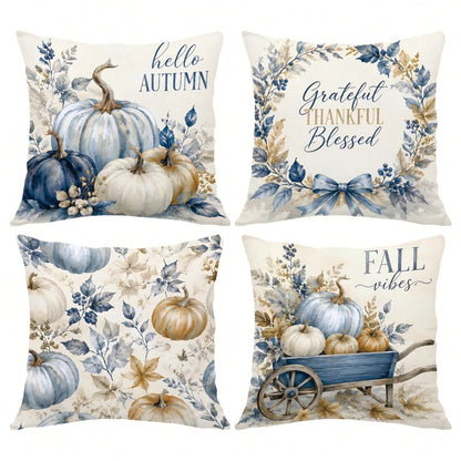MEMNUN 4pcs Autumn Blue & White Gradient Pumpkin Ribbon Bow Wooden Cart Hello Autumn Text Print Pattern Pillow Covers [No Pillow Insert], 40*40cm/45*45cm/50*50cm, [Single-Sided Print] Made Of Polyeste