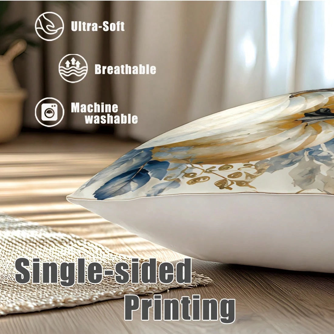MEMNUN 4pcs Autumn Blue & White Gradient Pumpkin Ribbon Bow Wooden Cart Hello Autumn Text Print Pattern Pillow Covers [No Pillow Insert], 40*40cm/45*45cm/50*50cm, [Single-Sided Print] Made Of Polyeste