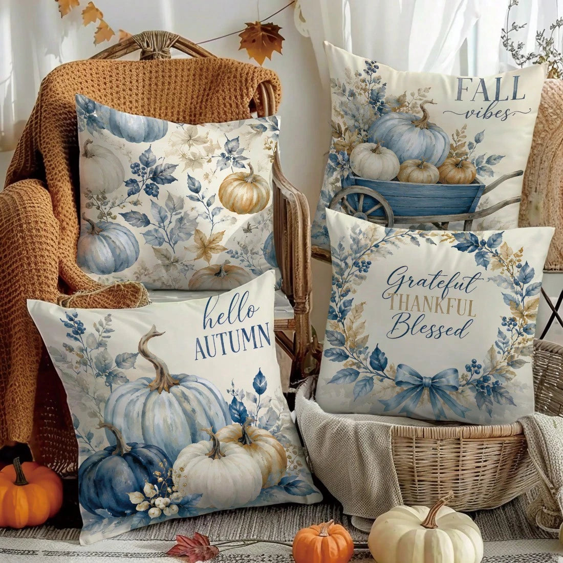 MEMNUN 4pcs Autumn Blue & White Gradient Pumpkin Ribbon Bow Wooden Cart Hello Autumn Text Print Pattern Pillow Covers [No Pillow Insert], 40*40cm/45*45cm/50*50cm, [Single-Sided Print] Made Of Polyeste