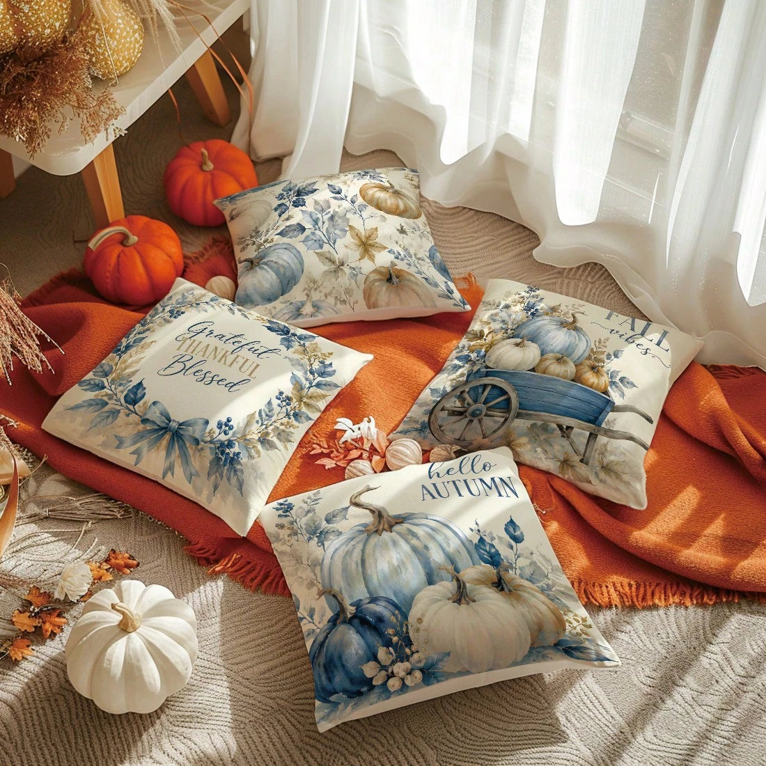 MEMNUN 4pcs Autumn Blue & White Gradient Pumpkin Ribbon Bow Wooden Cart Hello Autumn Text Print Pattern Pillow Covers [No Pillow Insert], 40*40cm/45*45cm/50*50cm, [Single-Sided Print] Made Of Polyeste