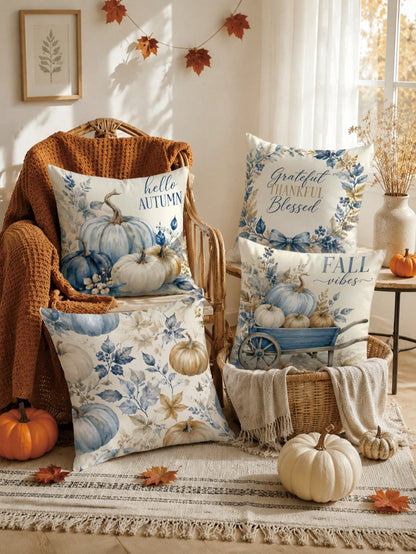 MEMNUN 4pcs Autumn Blue & White Gradient Pumpkin Ribbon Bow Wooden Cart Hello Autumn Text Print Pattern Pillow Covers [No Pillow Insert], 40*40cm/45*45cm/50*50cm, [Single-Sided Print] Made Of Polyeste