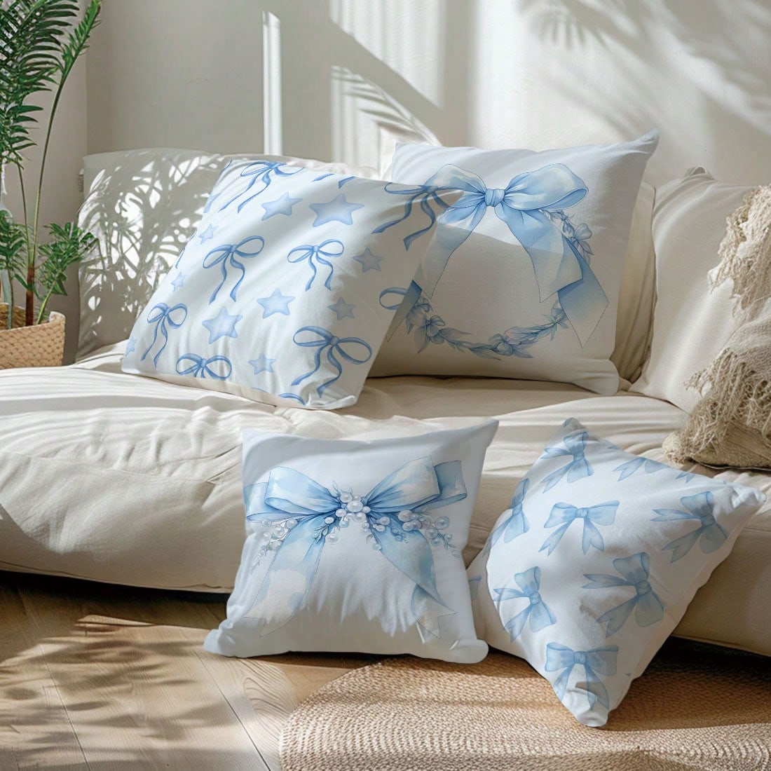 MEMNUN 4pcs Blue Pearl Star Bow Floral Print Decorative Throw Pillow Covers [No Pillow Insert], 17.7*17.7in [45*45cm], [Single-Sided Printing] Polyester Cushion Covers For Sofa, Bed, Living Room, Bedr