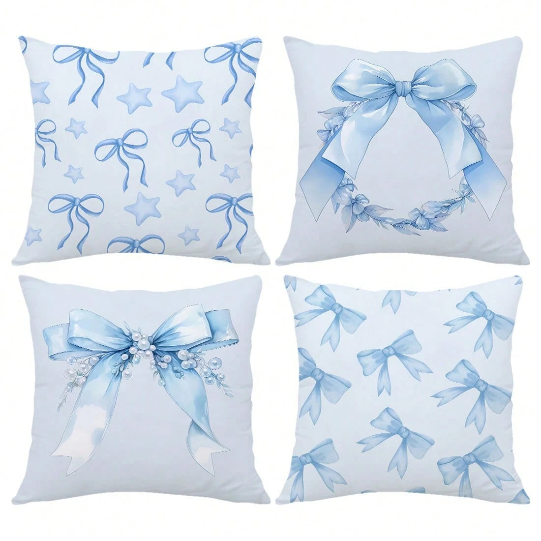 MEMNUN 4pcs Blue Pearl Star Bow Floral Print Decorative Throw Pillow Covers [No Pillow Insert], 17.7*17.7in [45*45cm], [Single-Sided Printing] Polyester Cushion Covers For Sofa, Bed, Living Room, Bedr