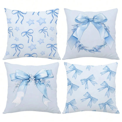 MEMNUN 4pcs Blue Pearl Star Bow Floral Print Decorative Throw Pillow Covers [No Pillow Insert], 17.7*17.7in [45*45cm], [Single-Sided Printing] Polyester Cushion Covers For Sofa, Bed, Living Room, Bedr