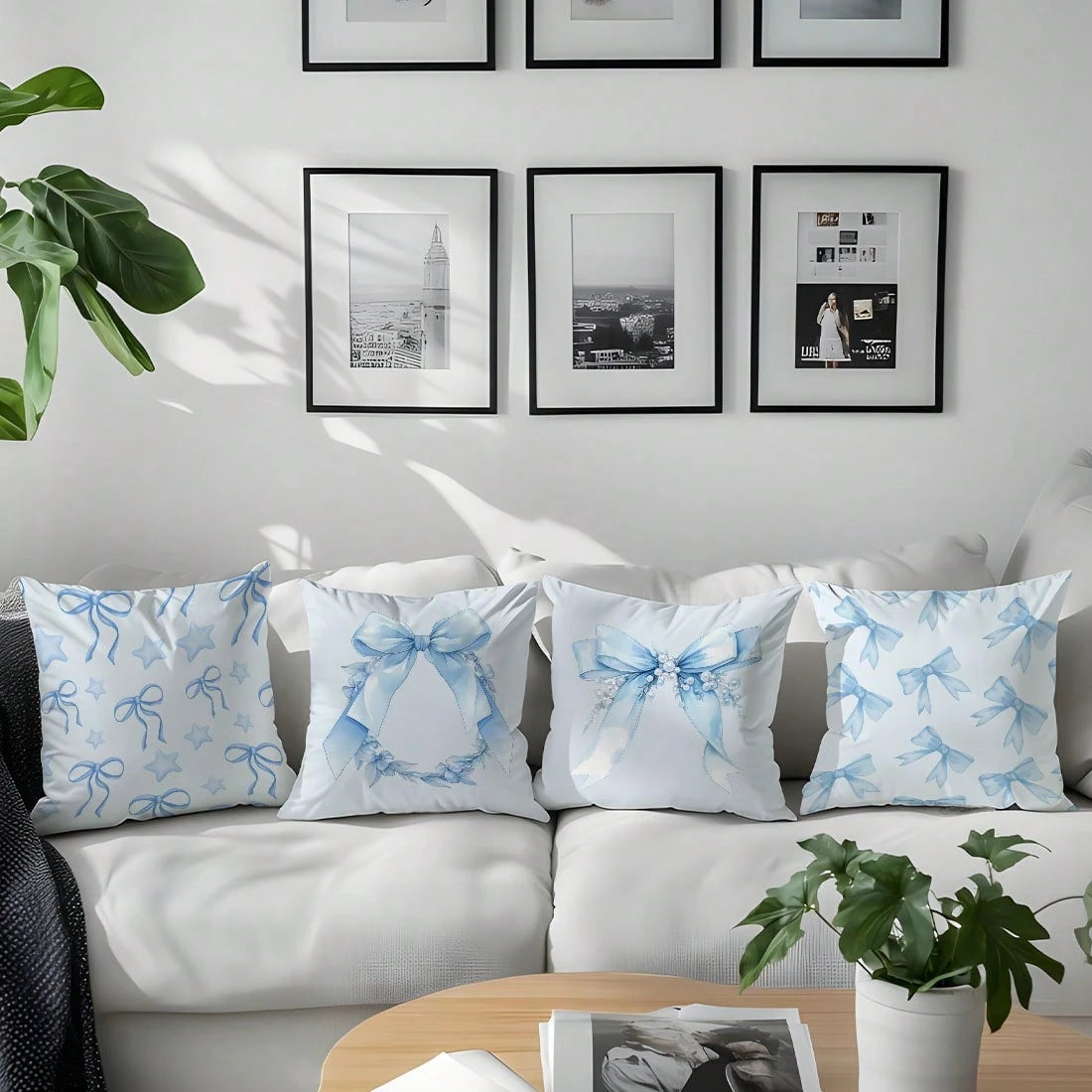 MEMNUN 4pcs Blue Pearl Star Bow Floral Print Decorative Throw Pillow Covers [No Pillow Insert], 17.7*17.7in [45*45cm], [Single-Sided Printing] Polyester Cushion Covers For Sofa, Bed, Living Room, Bedr