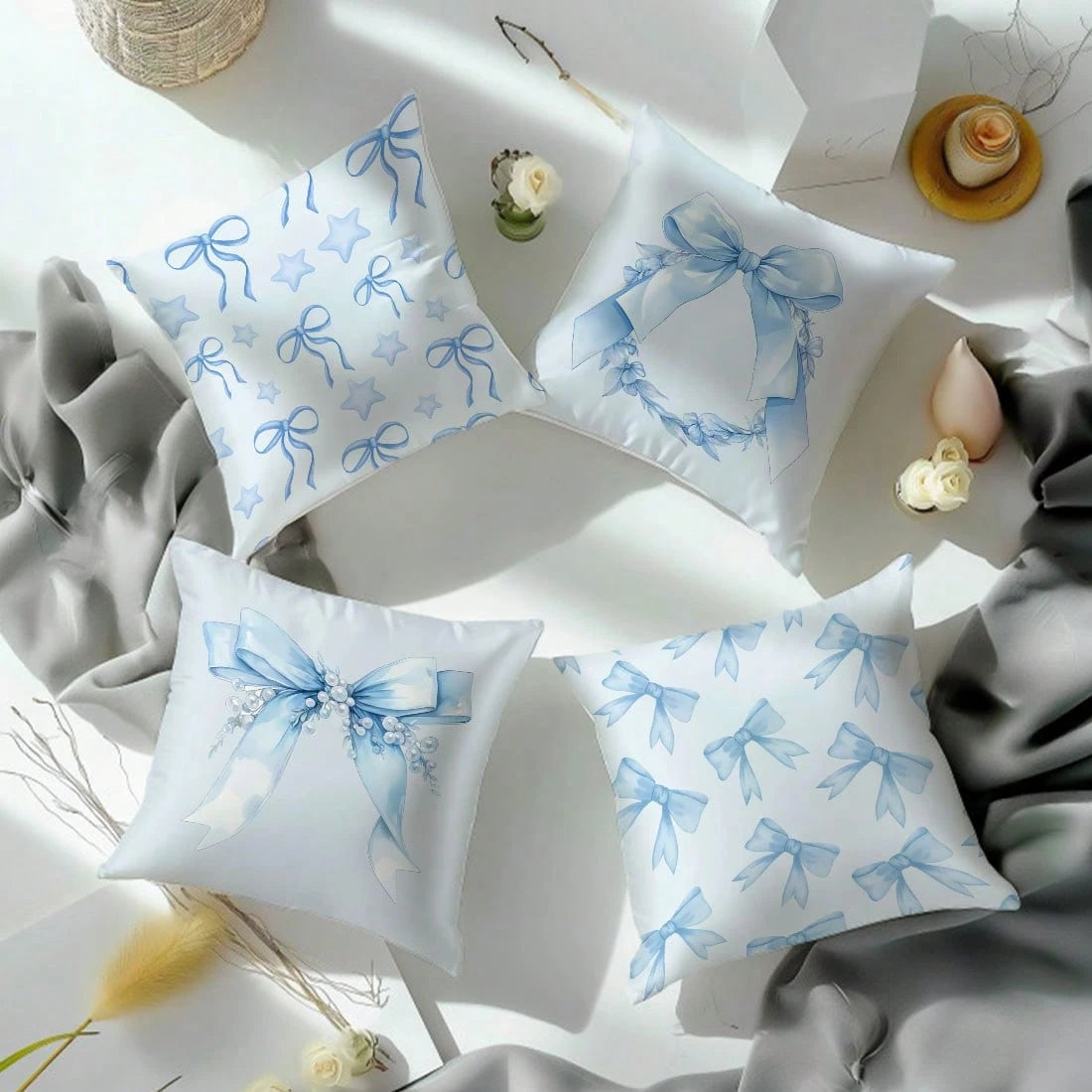 MEMNUN 4pcs Blue Pearl Star Bow Floral Print Decorative Throw Pillow Covers [No Pillow Insert], 17.7*17.7in [45*45cm], [Single-Sided Printing] Polyester Cushion Covers For Sofa, Bed, Living Room, Bedr