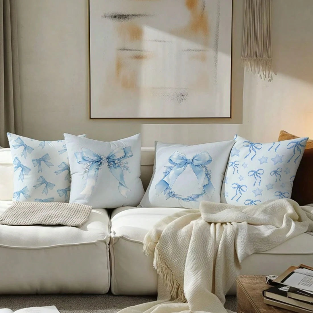 MEMNUN 4pcs Blue Pearl Star Bow Floral Print Decorative Throw Pillow Covers [No Pillow Insert], 17.7*17.7in [45*45cm], [Single-Sided Printing] Polyester Cushion Covers For Sofa, Bed, Living Room, Bedr