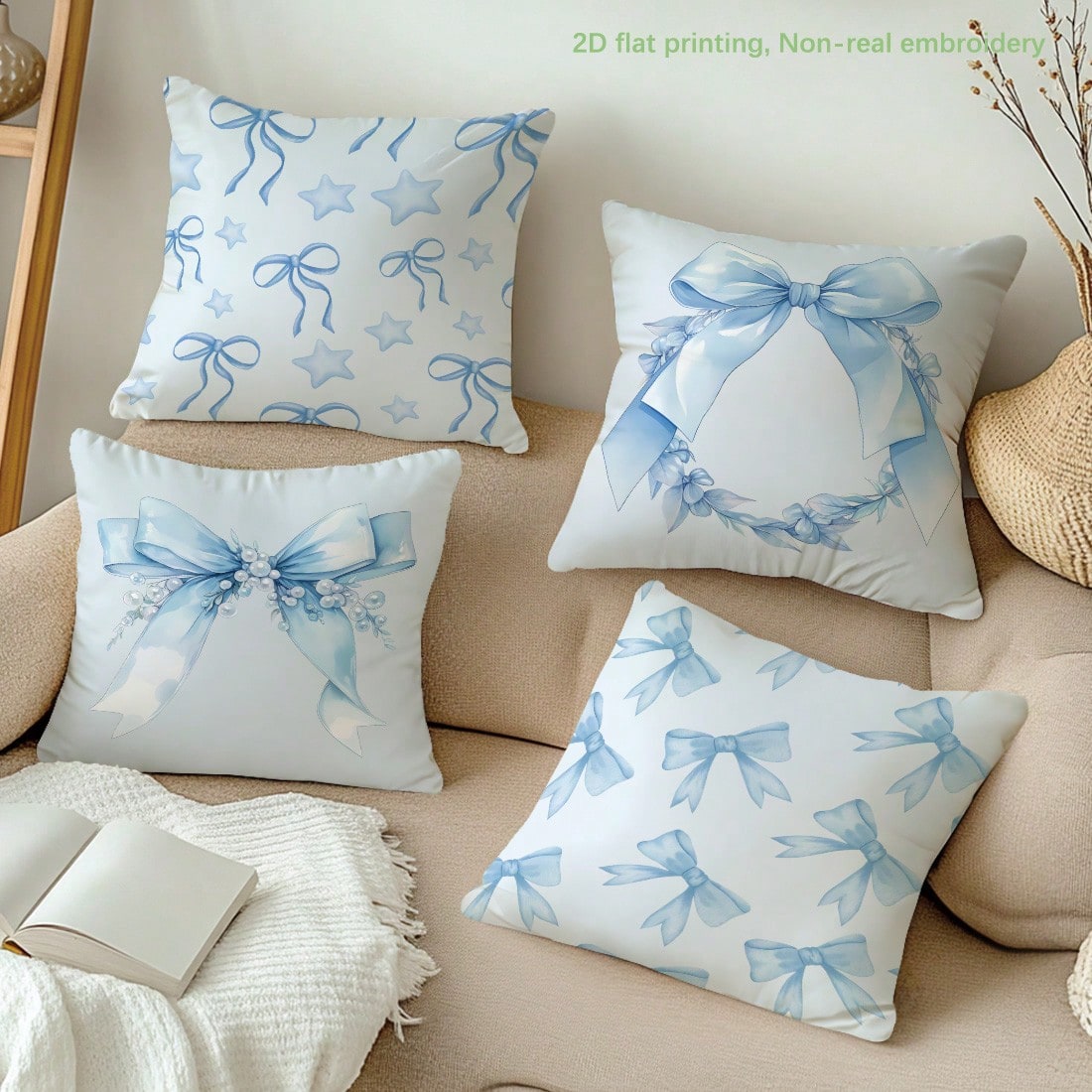 MEMNUN 4pcs Blue Pearl Star Bow Floral Print Decorative Throw Pillow Covers [No Pillow Insert], 17.7*17.7in [45*45cm], [Single-Sided Printing] Polyester Cushion Covers For Sofa, Bed, Living Room, Bedr