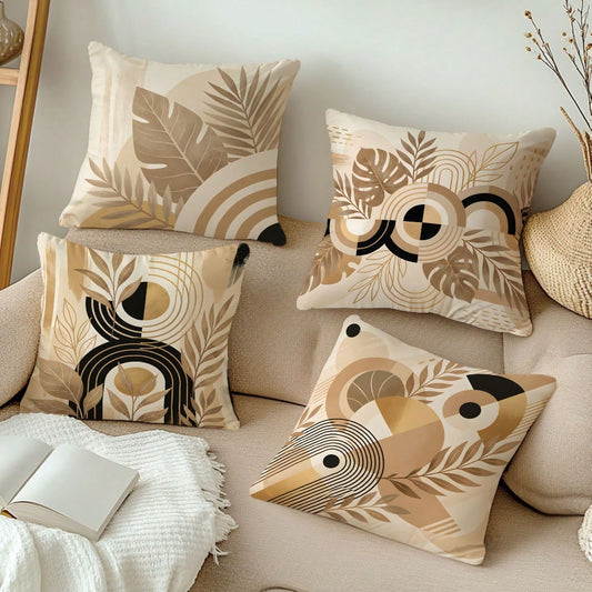 MEMNUN 4pcs Milk Tea Gold Turtle Back Leaf Semi-Circle Ring Tropical Plant Print Pattern Pillow Covers [Pillow Insert Not Included] 40*40cm/45*45cm/50*50cm [Single-Sided Printing] Made Of Polyester Ma