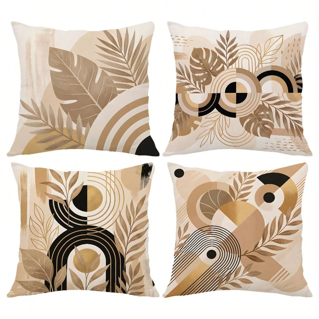 MEMNUN 4pcs Milk Tea Gold Turtle Back Leaf Semi-Circle Ring Tropical Plant Print Pattern Pillow Covers [Pillow Insert Not Included] 40*40cm/45*45cm/50*50cm [Single-Sided Printing] Made Of Polyester Ma
