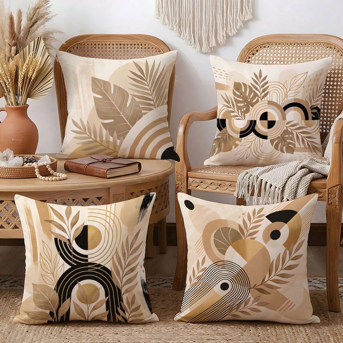 MEMNUN 4pcs Milk Tea Gold Turtle Back Leaf Semi-Circle Ring Tropical Plant Print Pattern Pillow Covers [Pillow Insert Not Included] 40*40cm/45*45cm/50*50cm [Single-Sided Printing] Made Of Polyester Ma