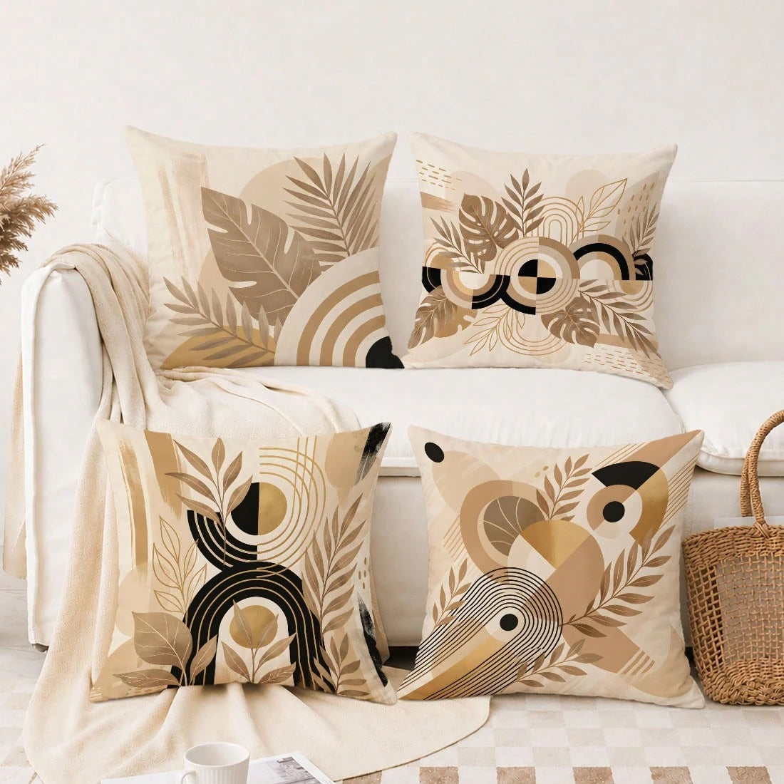 MEMNUN 4pcs Milk Tea Gold Turtle Back Leaf Semi-Circle Ring Tropical Plant Print Pattern Pillow Covers [Pillow Insert Not Included] 40*40cm/45*45cm/50*50cm [Single-Sided Printing] Made Of Polyester Ma