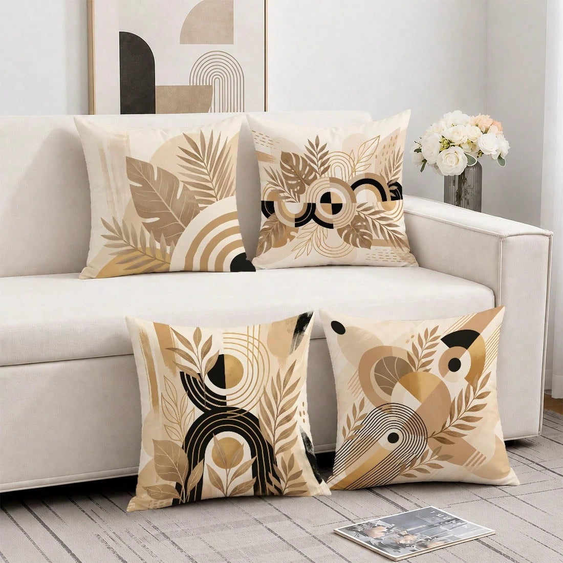 MEMNUN 4pcs Milk Tea Gold Turtle Back Leaf Semi-Circle Ring Tropical Plant Print Pattern Pillow Covers [Pillow Insert Not Included] 40*40cm/45*45cm/50*50cm [Single-Sided Printing] Made Of Polyester Ma