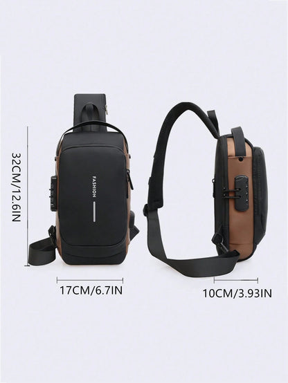 Men Oxford Texture Sling Chest Bag With Password Lock- Fashion Motorcycle Cross Body Bag With Phone Pocket,Y2k