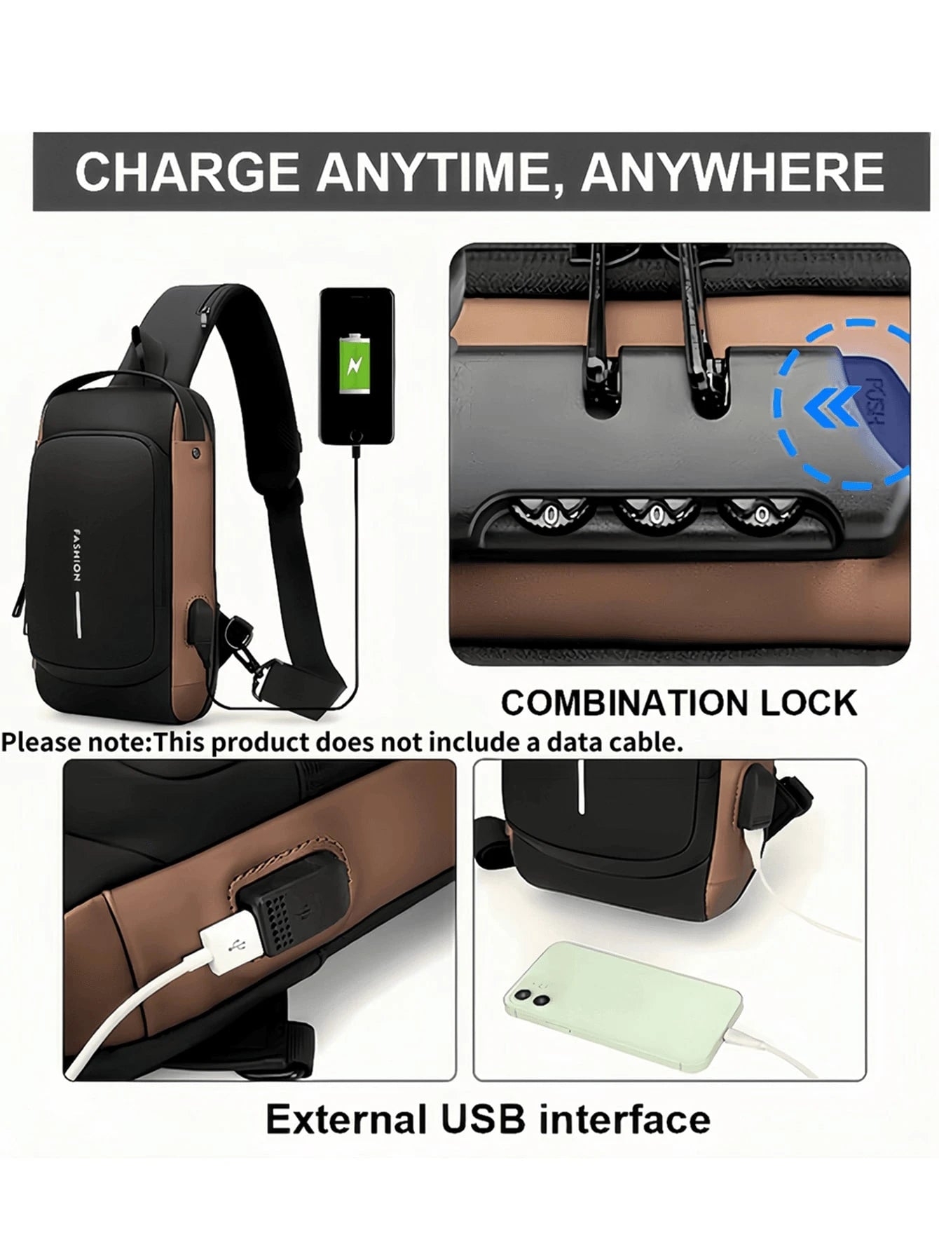 Men Oxford Texture Sling Chest Bag With Password Lock- Fashion Motorcycle Cross Body Bag With Phone Pocket,Y2k