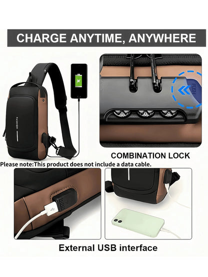 Men Oxford Texture Sling Chest Bag With Password Lock- Fashion Motorcycle Cross Body Bag With Phone Pocket,Y2k