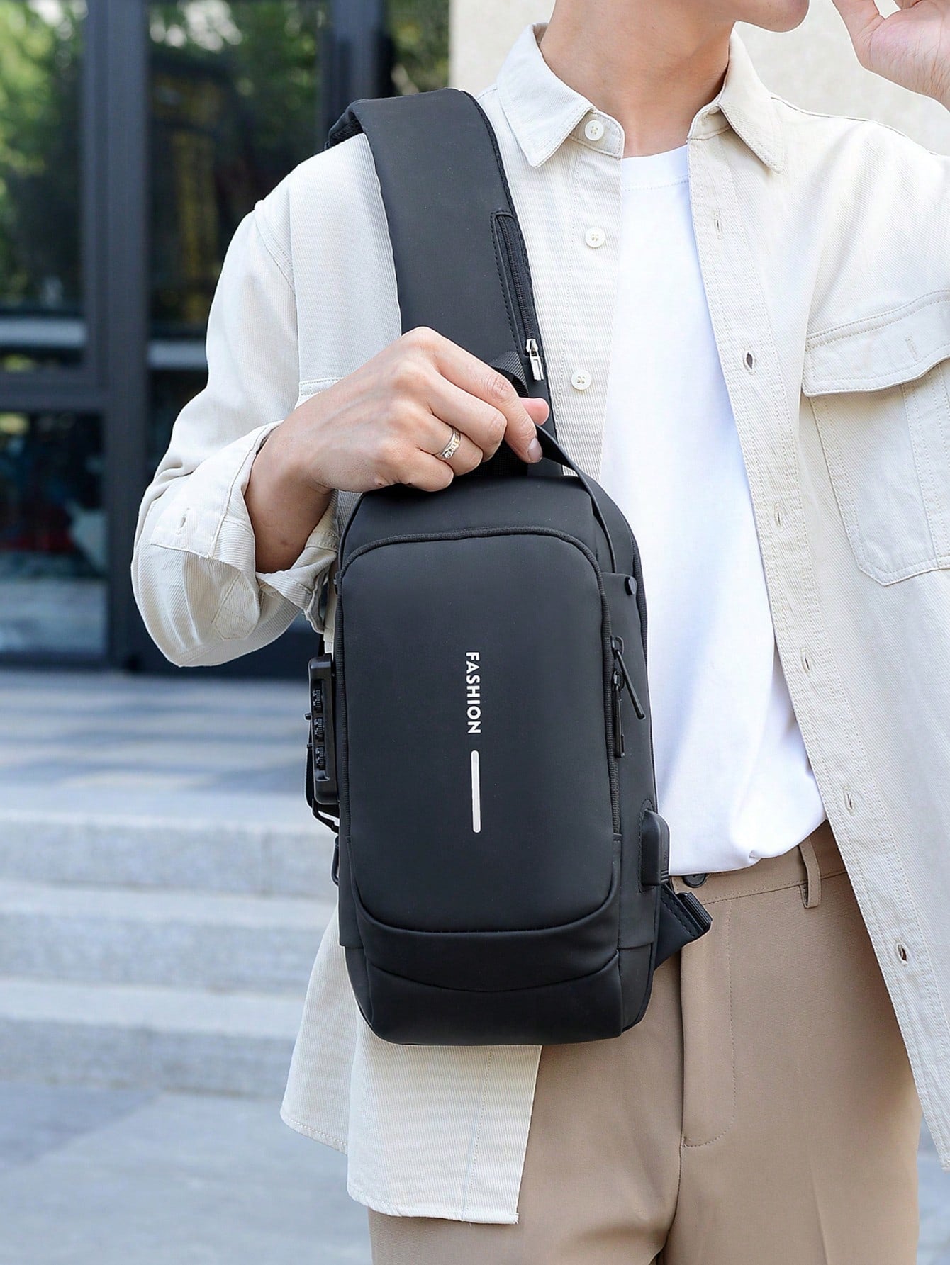 Men Oxford Texture Sling Chest Bag With Password Lock- Fashion Motorcycle Cross Body Bag With Phone Pocket,Y2k