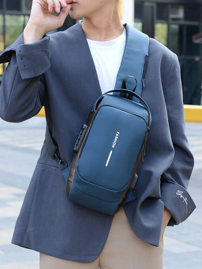 Men Oxford Texture Sling Chest Bag With Password Lock- Fashion Motorcycle Cross Body Bag With Phone Pocket,Y2k