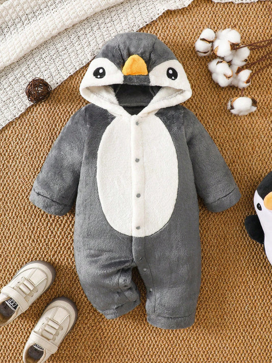 Men's And Women's Baby Autumn/Winter Fluffy Cartoon Penguin Embroidered Hooded Long Sleeve Baby Bodysuit