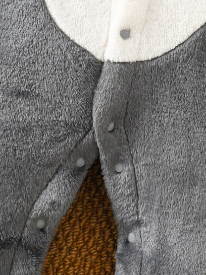 Men's And Women's Baby Autumn/Winter Fluffy Cartoon Penguin Embroidered Hooded Long Sleeve Baby Bodysuit