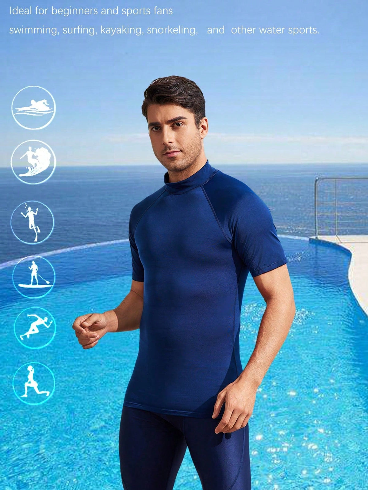 Men's High Elasticity Quick-Dry Durable Smooth Skin-Friendly Short Sleeve Swimsuit, Compression Shirt Surfing Wear, Swimsuit Top Sports