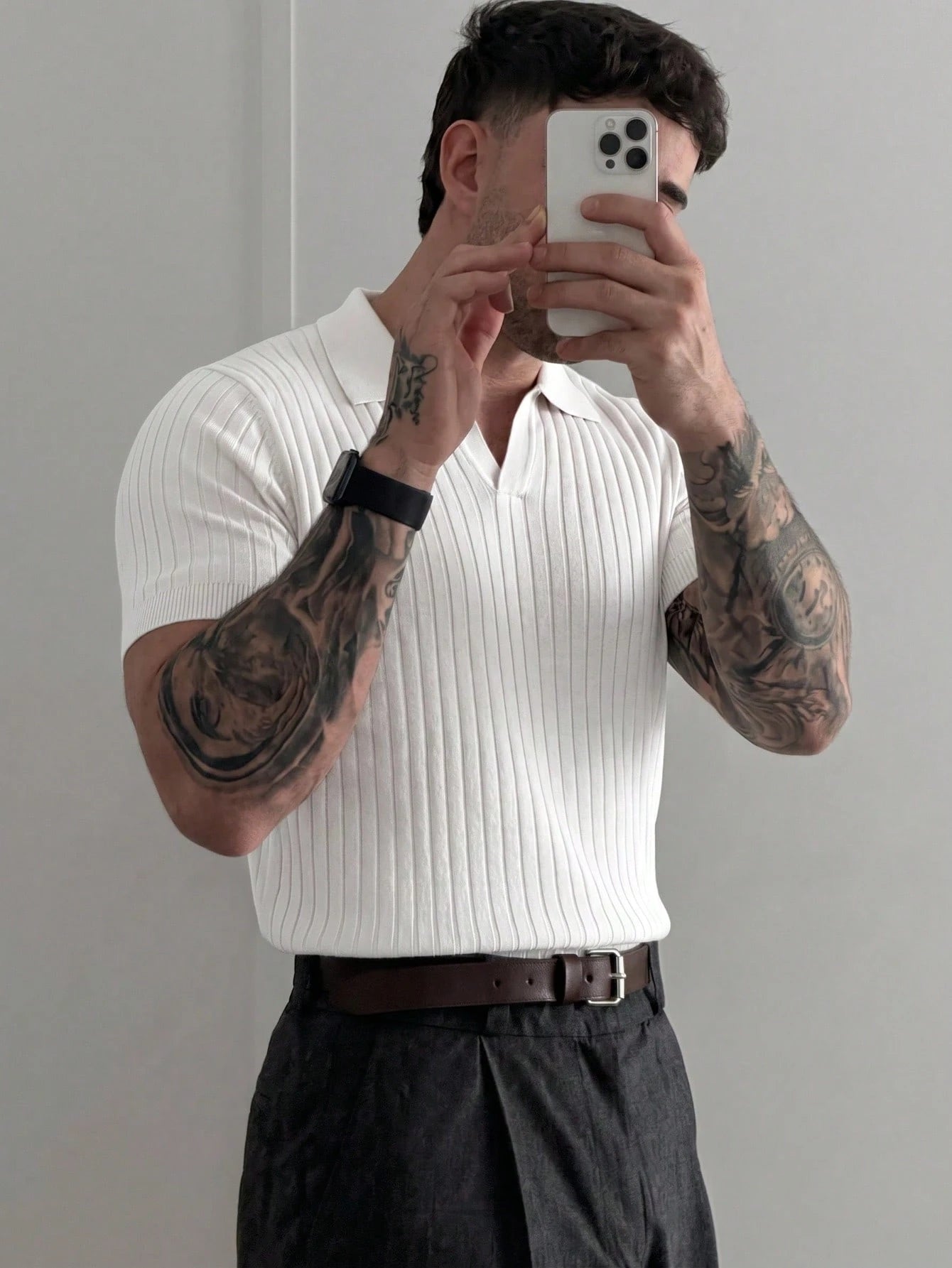 Men's Ribbed Airplane Collar Polo Knit Shirt, Short Sleeve, Summer Fashion, Smart Casual