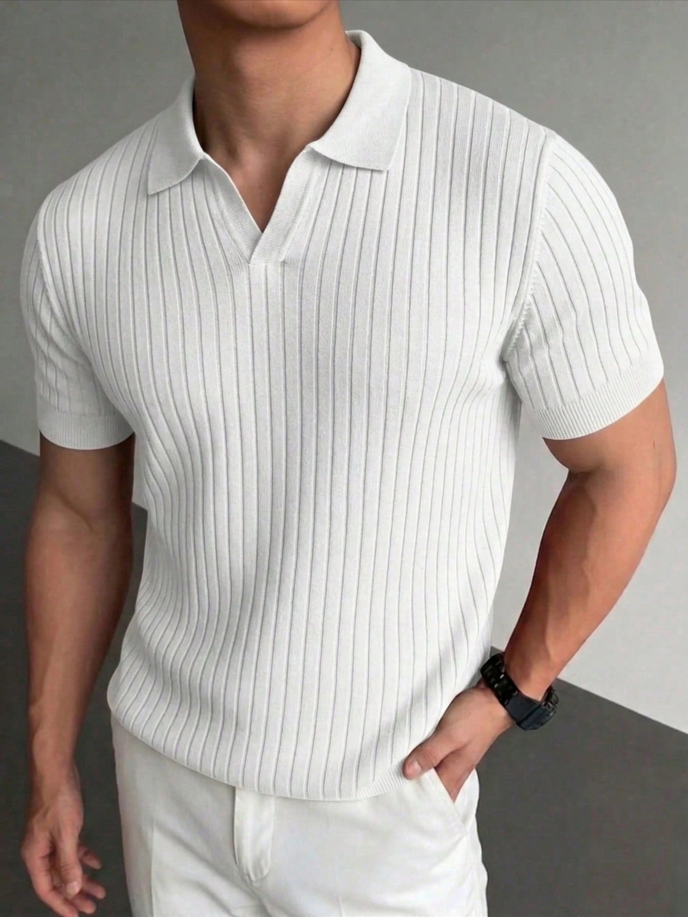 Men's Ribbed Airplane Collar Polo Knit Shirt, Short Sleeve, Summer Fashion, Smart Casual