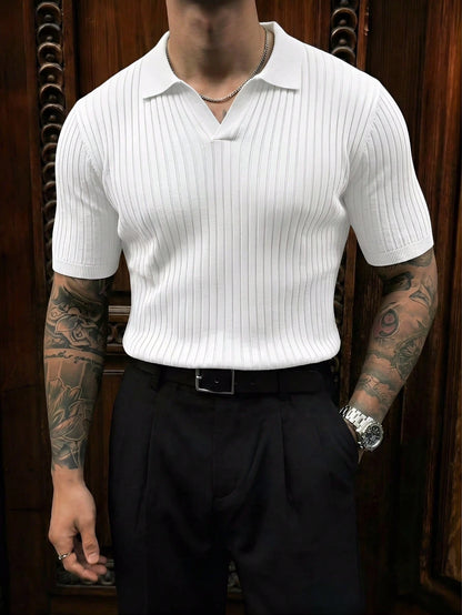 Men's Ribbed Airplane Collar Polo Knit Shirt, Short Sleeve, Summer Fashion, Smart Casual