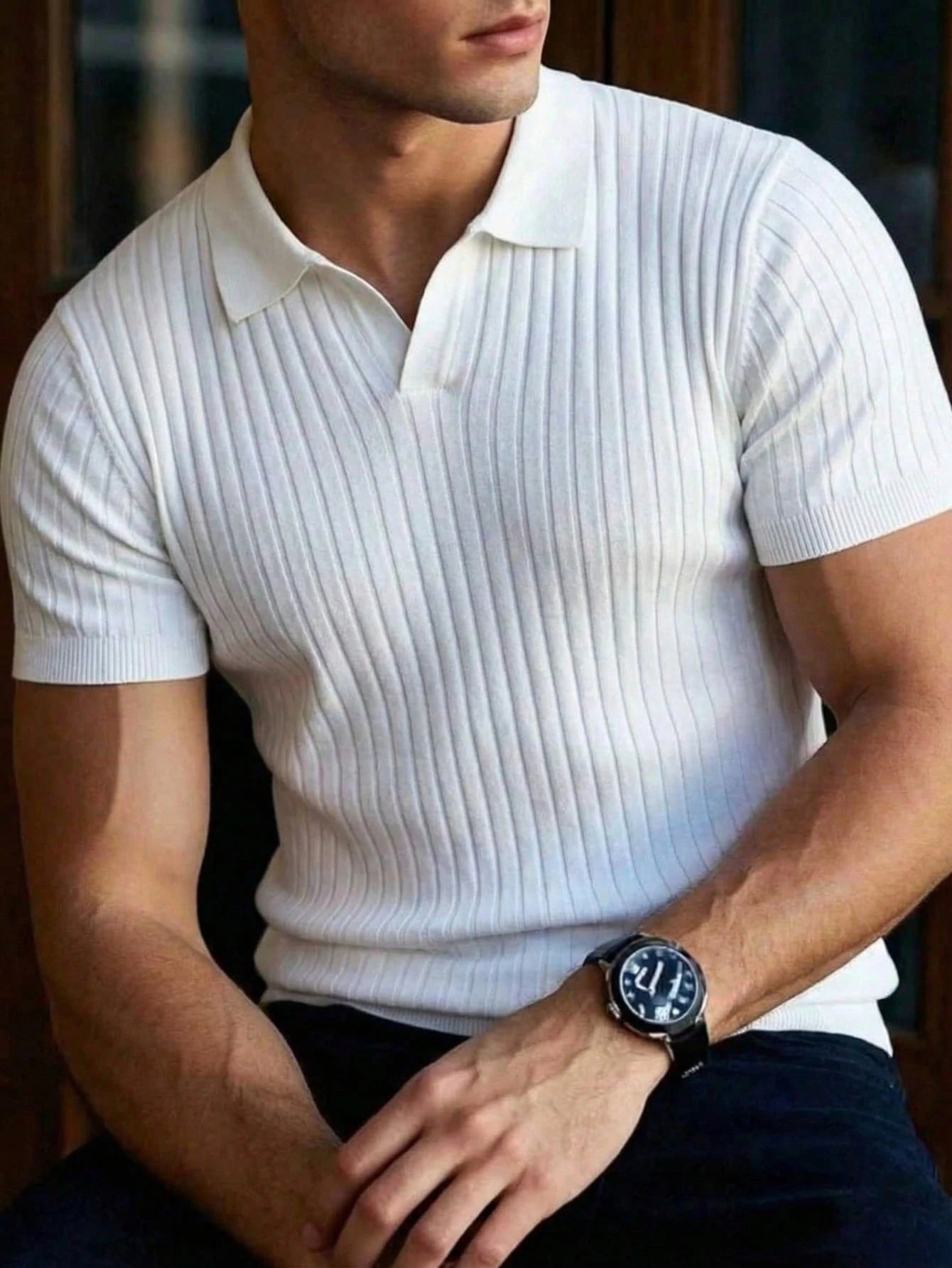 Men's Ribbed Airplane Collar Polo Knit Shirt, Short Sleeve, Summer Fashion, Smart Casual