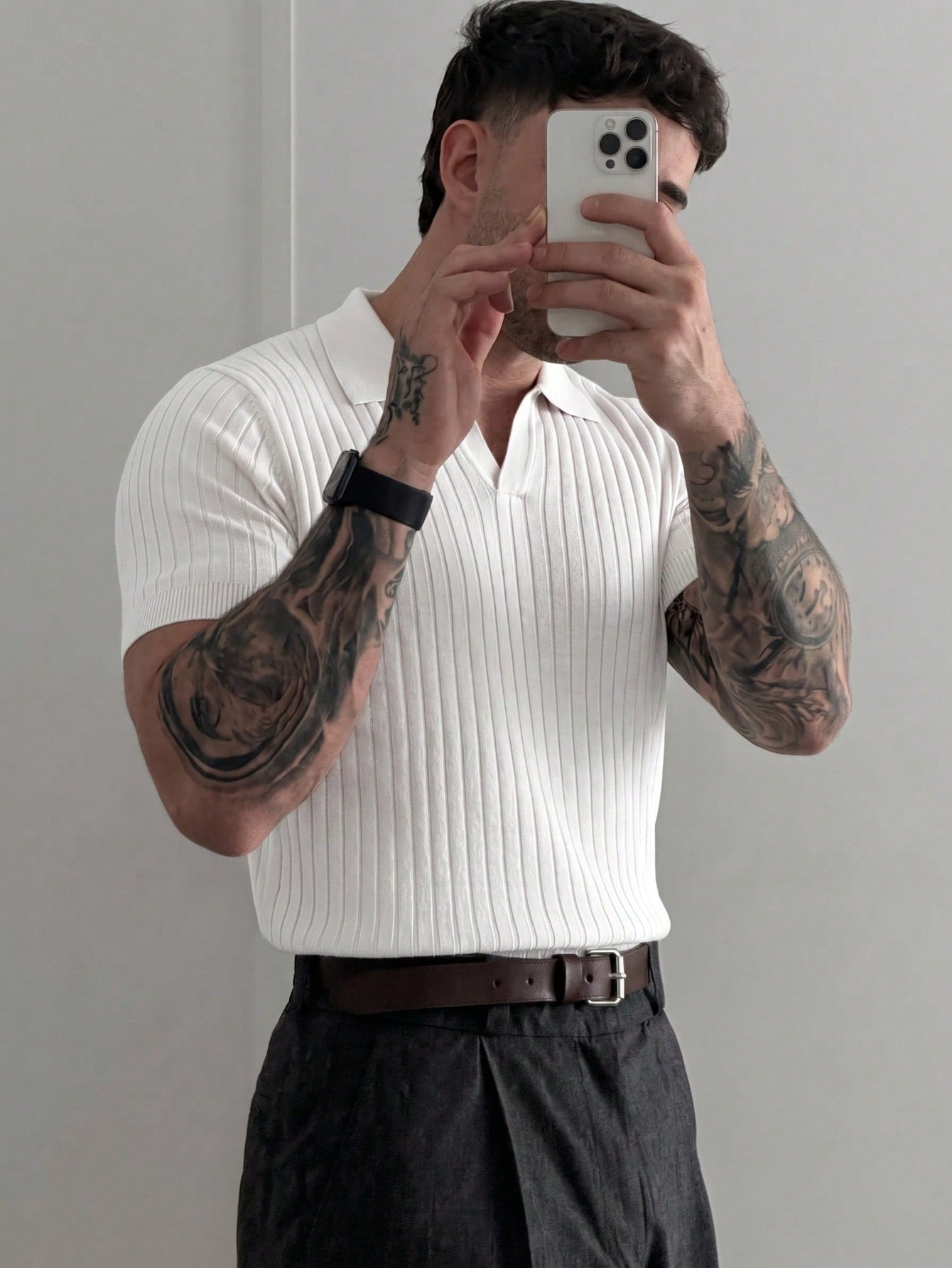 Men's Ribbed Airplane Collar Polo Knit Shirt, Short Sleeve, Summer Fashion, Smart Casual