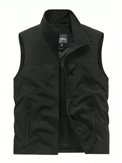Men's Sleeveless Stand Collar Vest Jacket, Lightweight, Multi-Pocket, Spring & Autumn Black Summer Sports