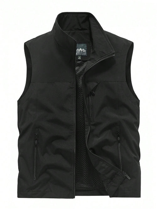 Men's Sleeveless Stand Collar Vest Jacket, Lightweight, Multi-Pocket, Spring & Autumn Black Summer Sports