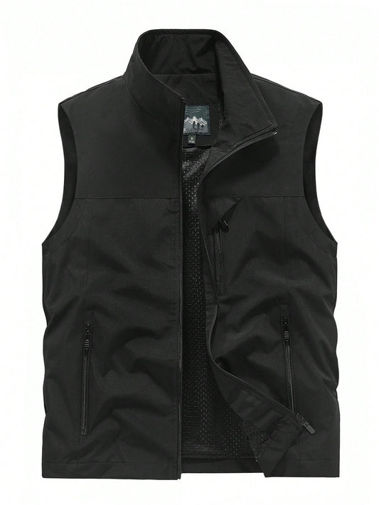 Men's Sleeveless Stand Collar Vest Jacket, Lightweight, Multi-Pocket, Spring & Autumn Black Summer Sports