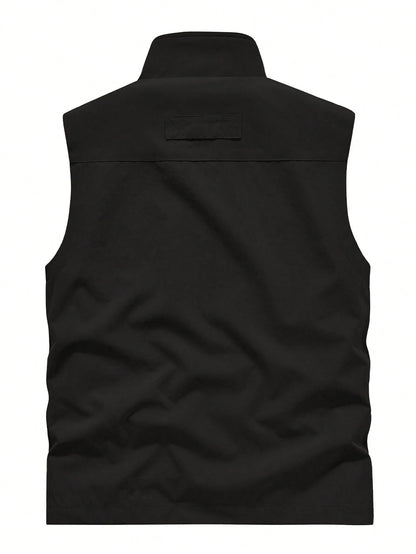 Men's Sleeveless Stand Collar Vest Jacket, Lightweight, Multi-Pocket, Spring & Autumn Black Summer Sports