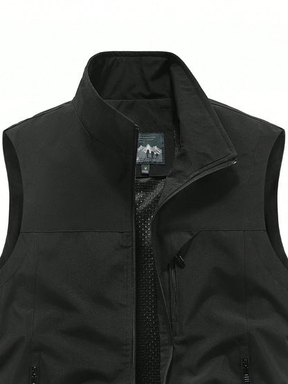Men's Sleeveless Stand Collar Vest Jacket, Lightweight, Multi-Pocket, Spring & Autumn Black Summer Sports