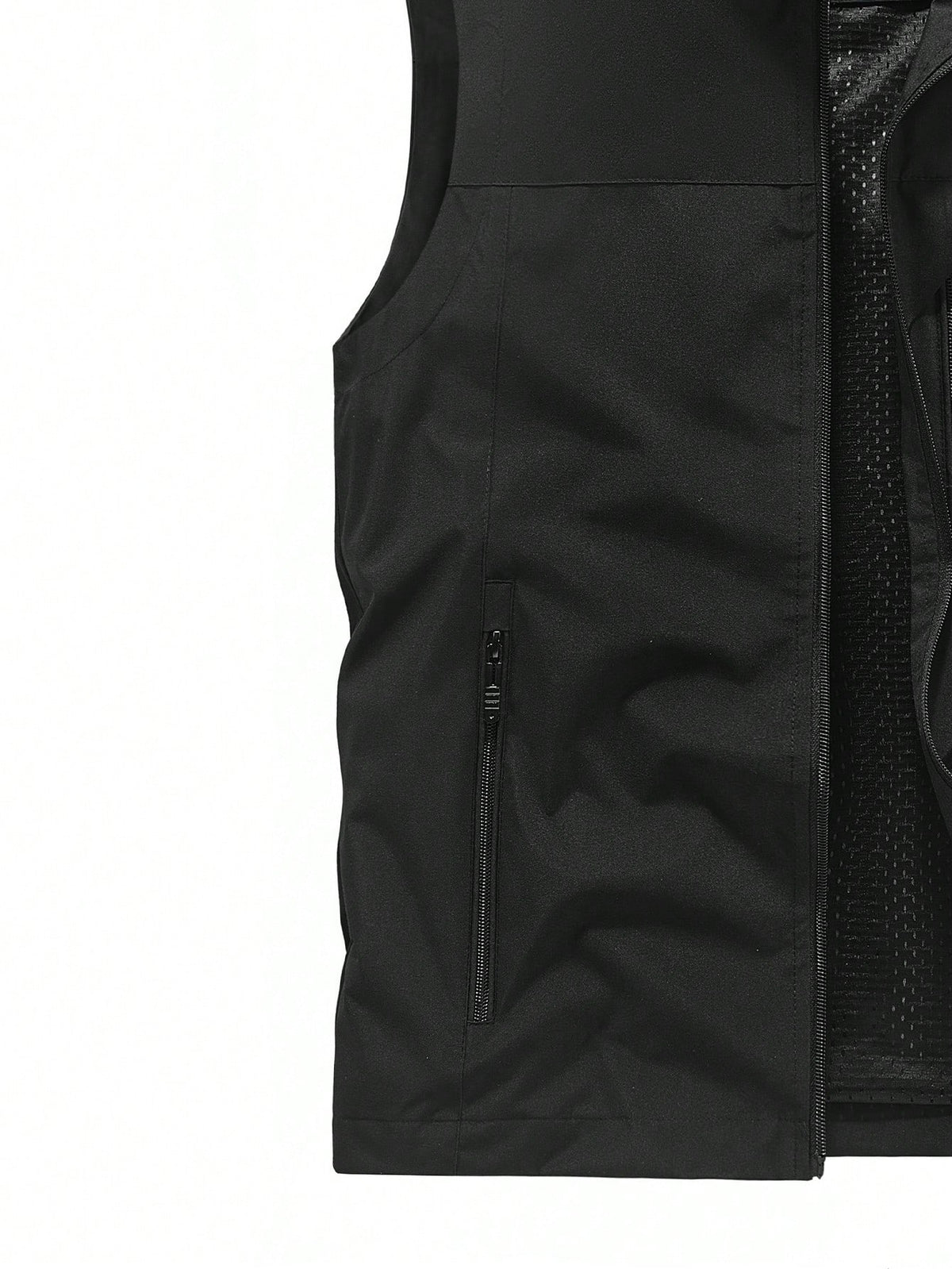 Men's Sleeveless Stand Collar Vest Jacket, Lightweight, Multi-Pocket, Spring & Autumn Black Summer Sports