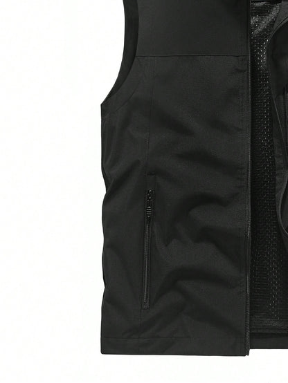 Men's Sleeveless Stand Collar Vest Jacket, Lightweight, Multi-Pocket, Spring & Autumn Black Summer Sports
