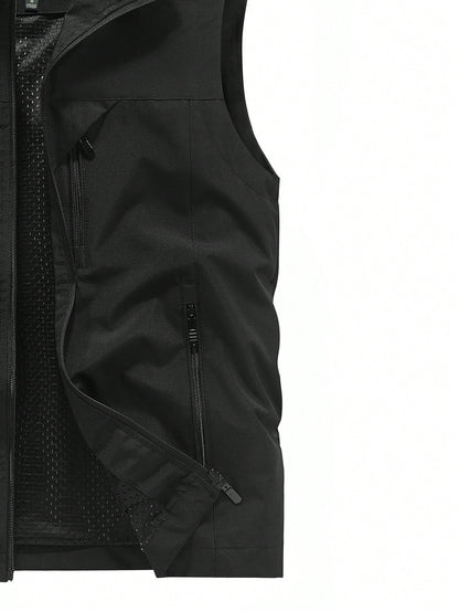 Men's Sleeveless Stand Collar Vest Jacket, Lightweight, Multi-Pocket, Spring & Autumn Black Summer Sports